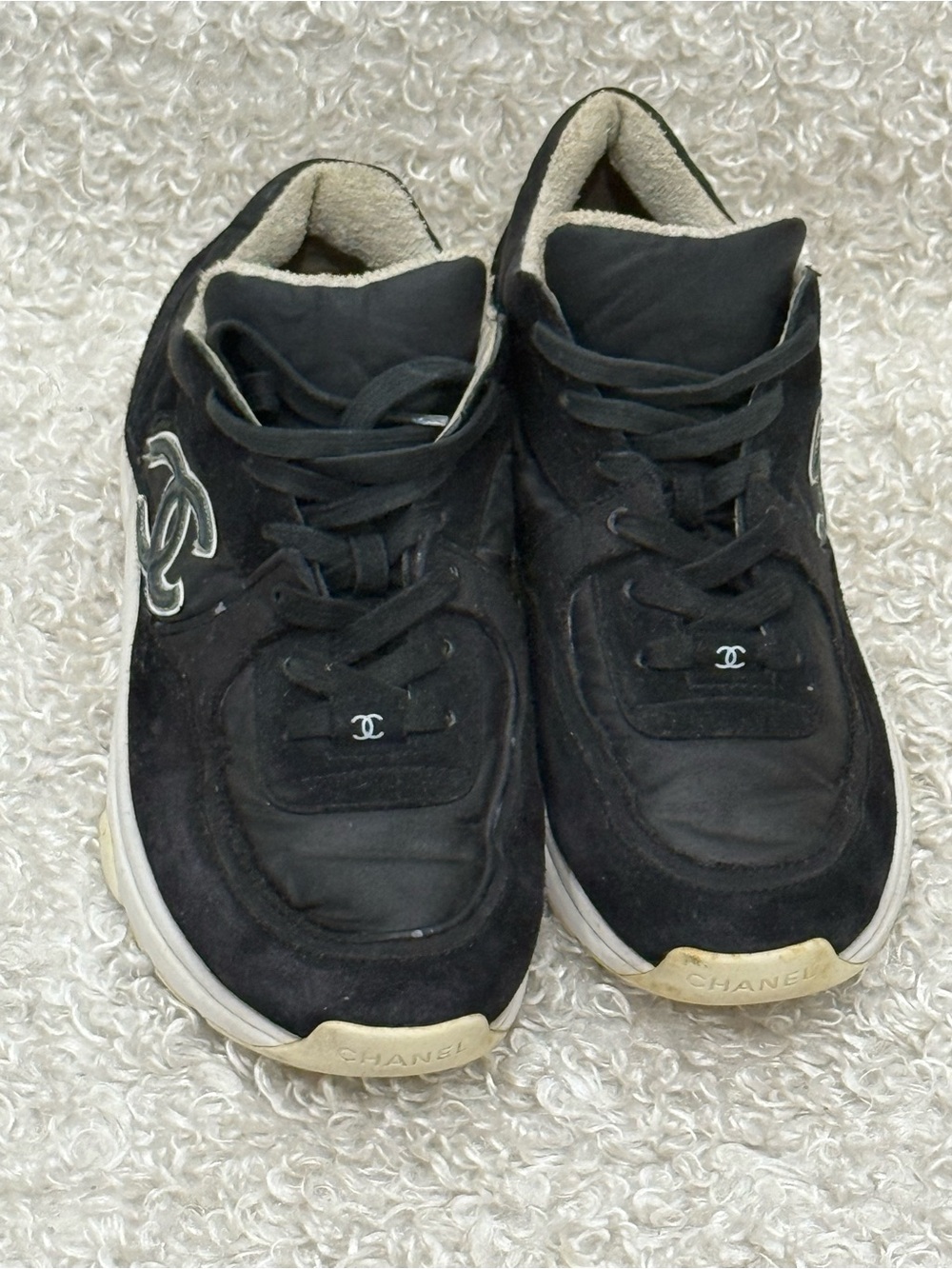 CHANEL Black and White Suede Fabric Sneakers